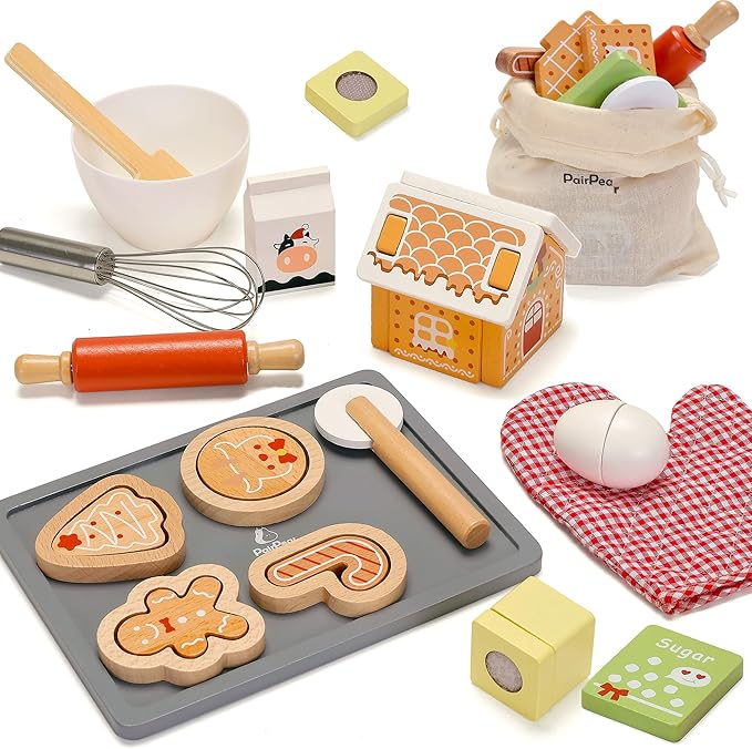 PairPear Gingerbread House Baking Playset – 29 Piece Wooden Christmas Cookie Baking Kit, 3D Toy Cookie Play Food & Pretend Kitchen Accessories, Educational Play Baking Toys Gift for Kids 3+