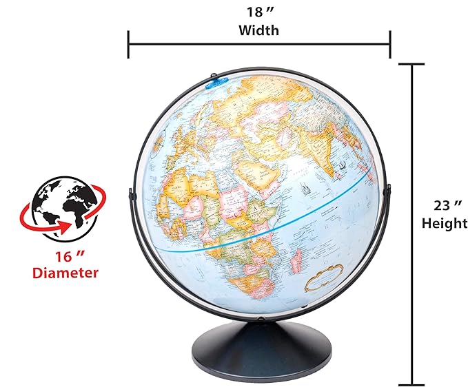 Replogle Eureka 16 inch desktop globe with up to date antique raised relief map and full swing gyromatic assembly. The beautiful blue ocean globe ball has vast amounts of up-to-date information will peak the interest of any geographical connoisseur of ...