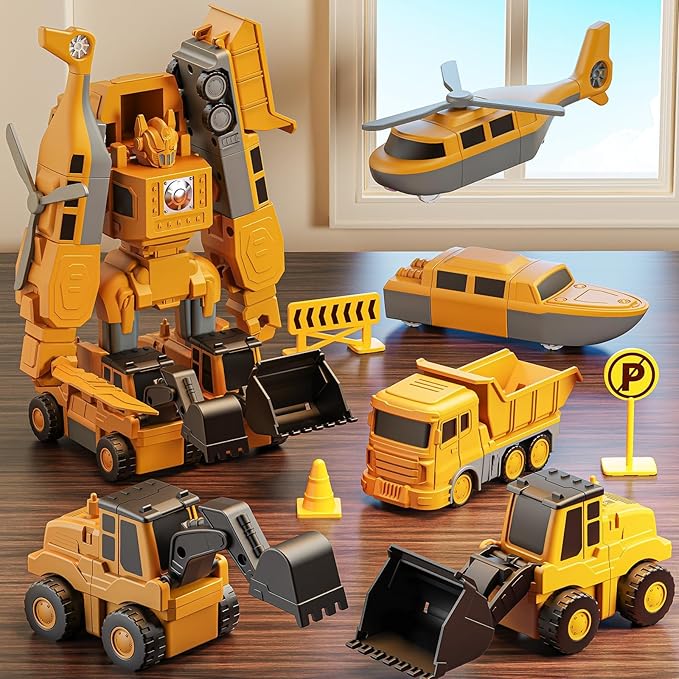 Transforming Robot Toys Set for Boys, 6 in 1 Magnetic Construction Trucks Transform Robot Play Vehicles with Storage Box (Construction Toys)