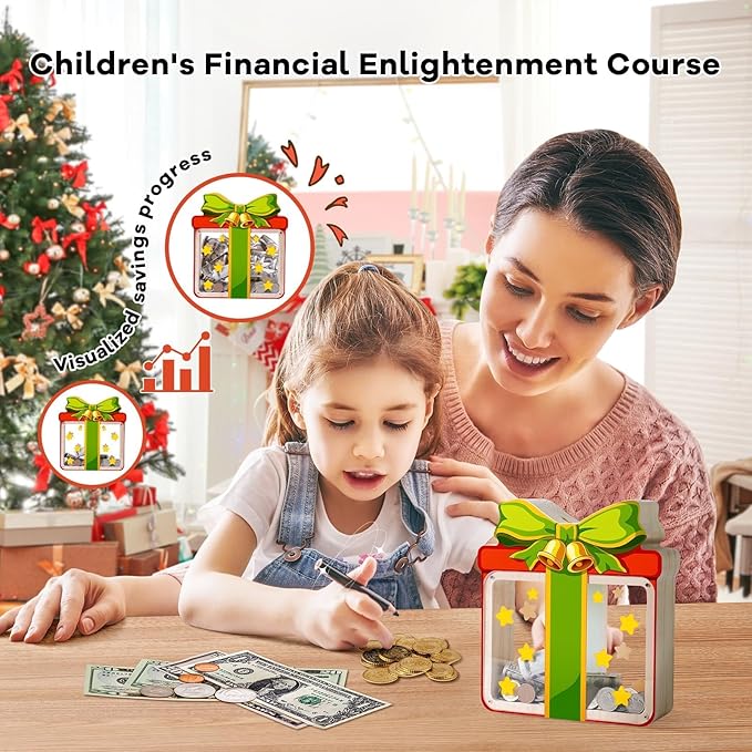 Wooden Christmas Piggy Bank for Kids, Gift Box Piggy Bank with Acrylic Panels, Unbreakable Toddler Money Box for Boys Girls, DIY Kids Safe Coin Bank with Letter Sticker