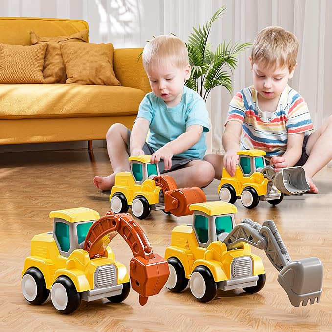 Press and Go Construction Vehicle Trucks Toys for Toddlers 2-4, 4 PCS Car Trucks for Boys Girls with Flexible Joints, Kids Toddlers Toys for 3 4 5 6 Years Old Boys Girls Birthday Gifts