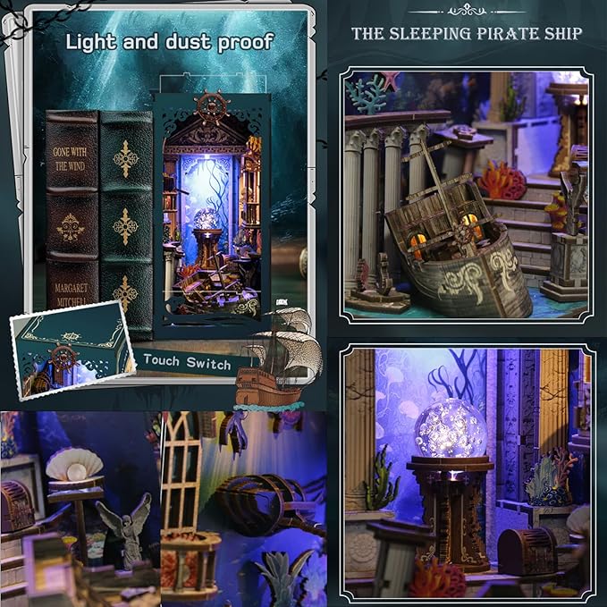 ISSEVE Book Nook Kit, DIY 3D Wooden Puzzle Dollhouse Booknook for Adults, Tiny Miniature House Kit Bookshelf Decor with LED Light and Dust Cover, Gifts for Family and Friends (Sea Maze)