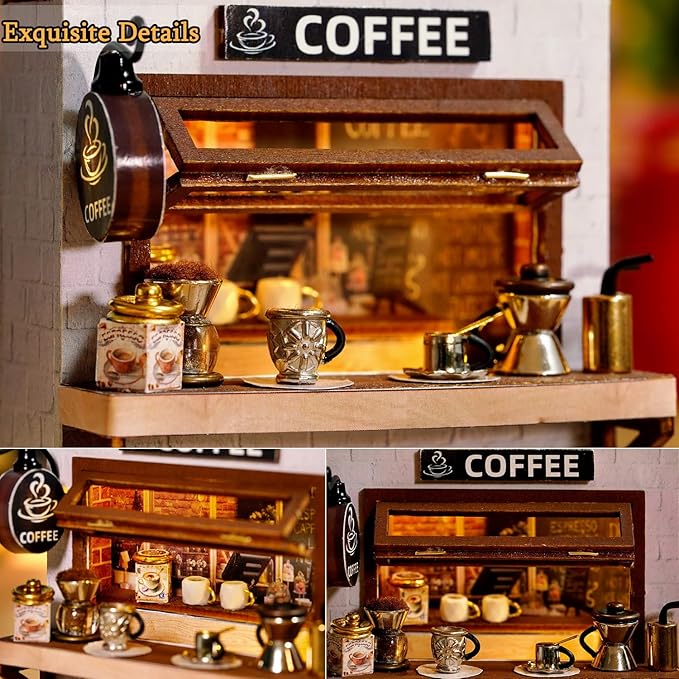 TuKIIE DIY Miniature Dollhouse Kit with Furniture, 1:24 Scale Creative Room Mini Wooden Doll House Plus Dust Proof for Kids Teens Adults(Coffee Time)