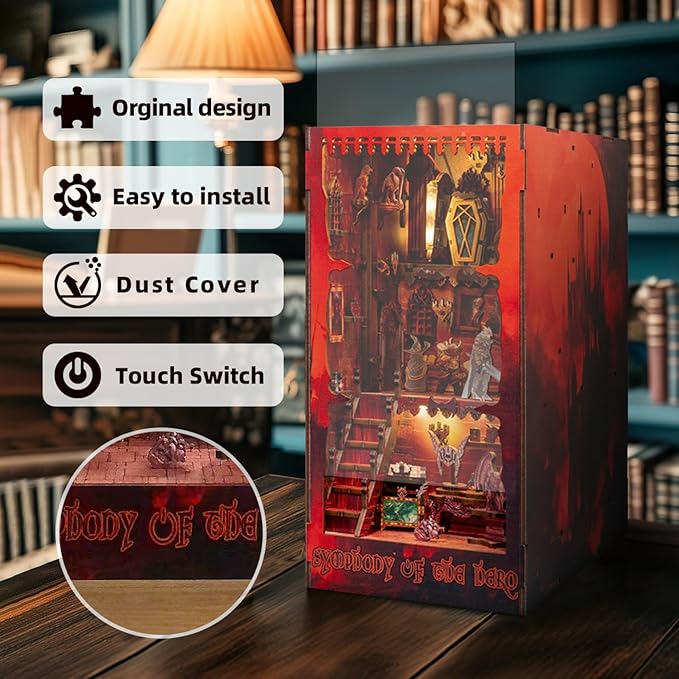 DIY Miniature Dollhouse Booknook Kit, 3D Wooden Puzzle Bookend, Tiny House Library Bookshelf Insert Decor with LED Light, Gift for Adults, Teens, Beginners, and Family(Symphony of The Hero)