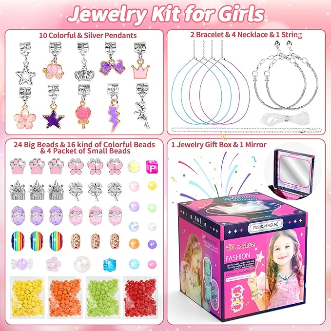 BLmukce Charm Bracelet Making Kit for Girls Ages 8-12, DIY Jewelry Making Kit & Craft Set with Beads, Charms & Necklace Supplies Birthday Christmas Gift for Kids 4-6 7 8 Years Old Girl