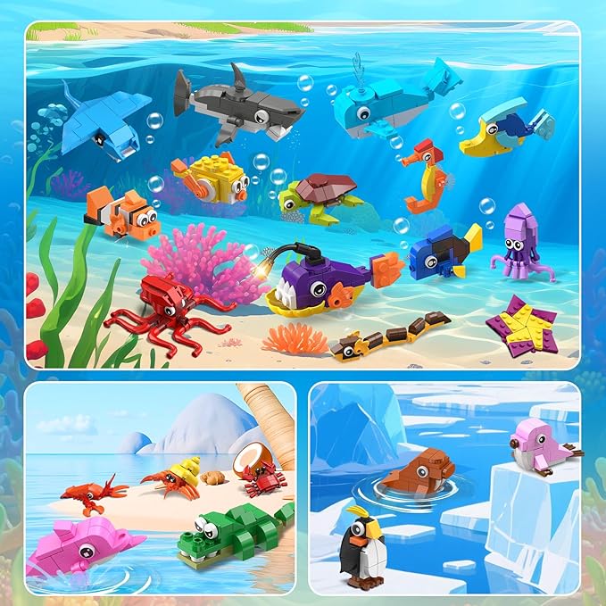 HOGOKIDS 30 Pack Animals Party Favors for Kids, 824PCS Mini Marine Animal Building Block Sets for Goodie Bags Filler Classroom Prizes, Easter Basket Stocking Stuffer Birthday for Boys Girls 6+