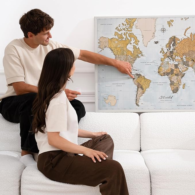 Canvas World Map with Cork Pin Board - English Lettering - Decorative Wall Decoration for All Rooms - Canvas Pictures with World Map Motif (90x60 cm, Pattern 14)