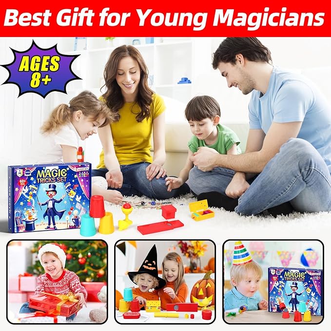 Magic Tricks Kit, 17 in 1 Magic Tricks for Kids Age 6 + with Step-by-Step Video Instructions for Each Trick from Professional, Christmas Halloween Birthday Gifts for Kids