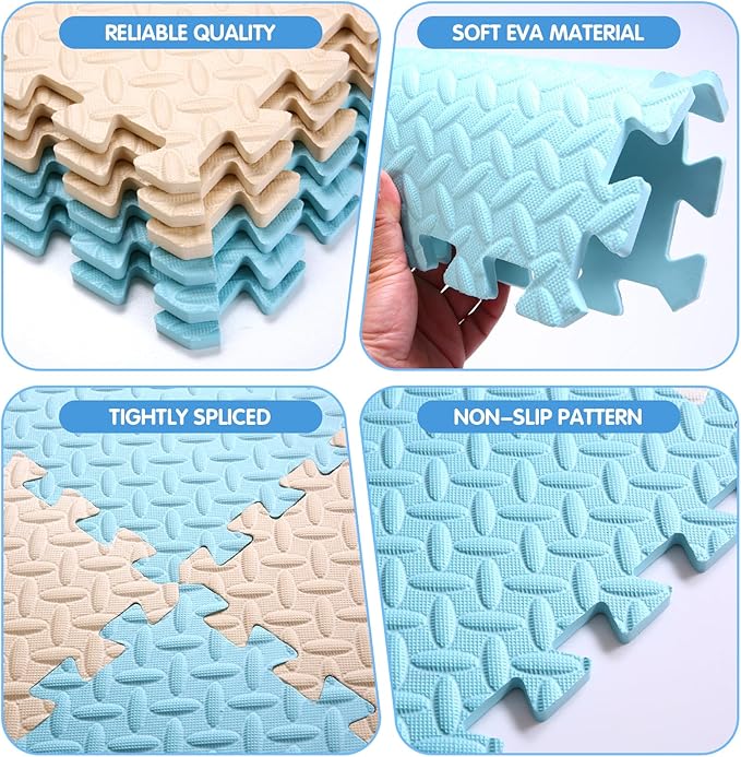 Foam Play Mat for Baby, 0.4 Inch Thick Foam Interlocking Floor Mats, Soft Non-Toxic Baby Playmat, Solid Colored Puzzle Play Mat Kids Floor Mats for Toddler, 16 Tiles(Beige/Light Blue)