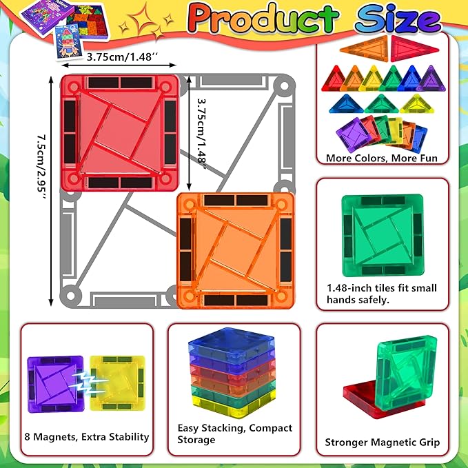 100pcs Mini Magnetic Tiles, Travel Kids Toys STEM Magnet Toy for Toddler Magnetic Blocks Building Preschool Learning Sensory Montessori Toy for 3+ Year Old Boys and Girls
