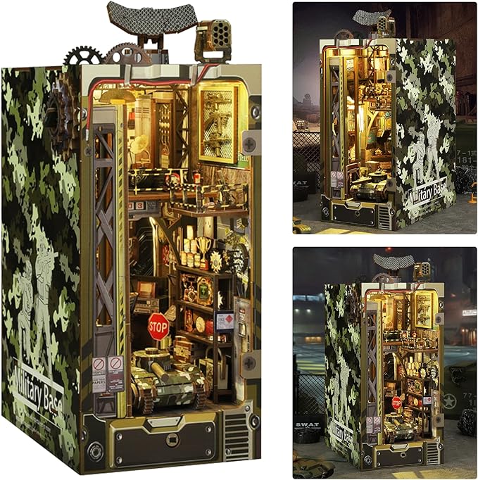 ISSEVE Book Nook Kit, 3D Wooden Puzzle DIY Miniature House Kit for Booknook Shelf Insert Decoration, Magic Book House Stand Bookshelf Dollhouse for Adults with Sensor Ligh (Military Base)
