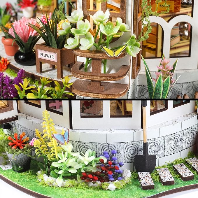 DIY Miniature Garden Dollhouse Kit - 1:24 Scale Wooden Flower Greenhouse Room Craft with Furniture for Book Nook Decor - Present for Women, Girls, and Boy (Round Garden)