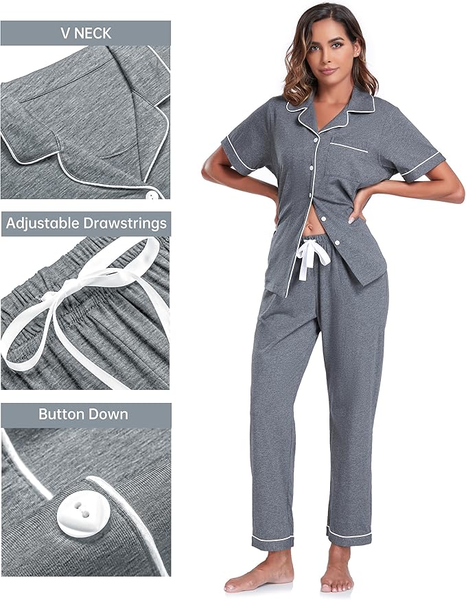 CF Womens 100% Cotton Pajamas Set Button Down Pjs Sets Short Sleeve Top & Long Pants Sleepwear Comfy Loungewear with Pockets