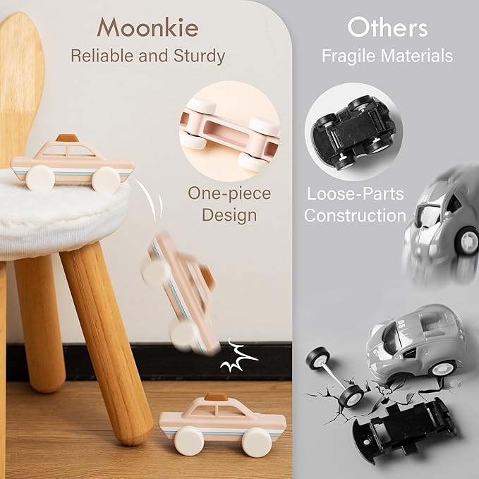 Moonkie Food Grade Silicone Toy Cars for Toddlers 1-3, Push and Go Baby Car Toys 6-12 Months+, One-Piece Design Infant Toys, Birthday Gifts for 1 Year Old Boy Girl, Easy to Clean & Grasp, 5 Pack
