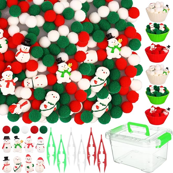 277 PCS Christmas Sensory Bin Filler Winter Sensory Bin Items 240 Pompoms 24 Resin Xmas Snowman 6 Cups 6 Tweezers 1 Storage Box for Winter Christmas Sorting Counting Training Education Activities