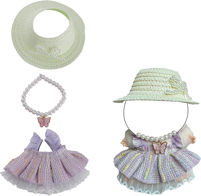 Clothes for Doll 3 PCS 17cm Clothes Set Cute Style Outfit Purple Dress Straw Hat Necklace for 6.7 Inches Doll Only Accessories