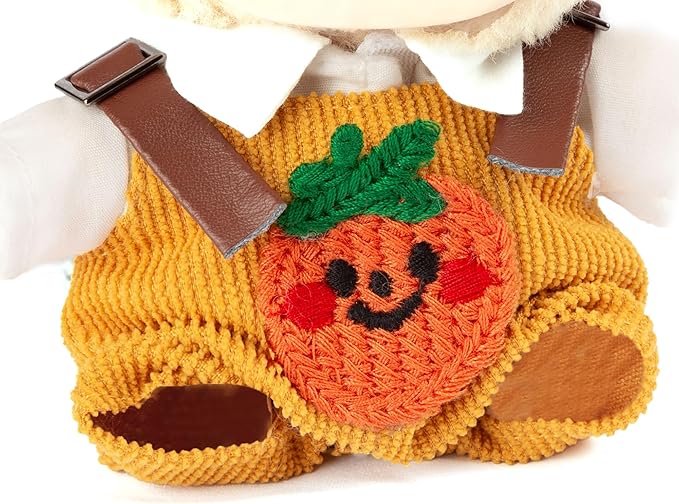 17cm Design Clothes for Labubu Doll - Kawaii Chic Style Set for 17cm Dolls, Cute Doll Outfit with Accessories - White Shirt + Yellow Pumpkin Romper + Heart Shaped Yellow Hat (Clothes Only)
