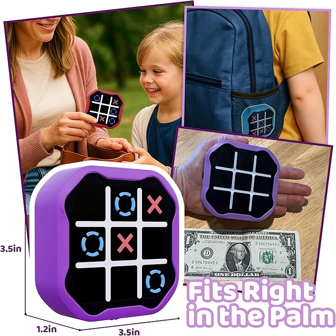 4-in-1 Rechargeable Electronic Tic Tac Toe Game – Handheld Travel Toy with Memory & Whack-a-Mole, Silent Mode, Fun for Kids & Adults, Gift for Kids Age 3+, Purple