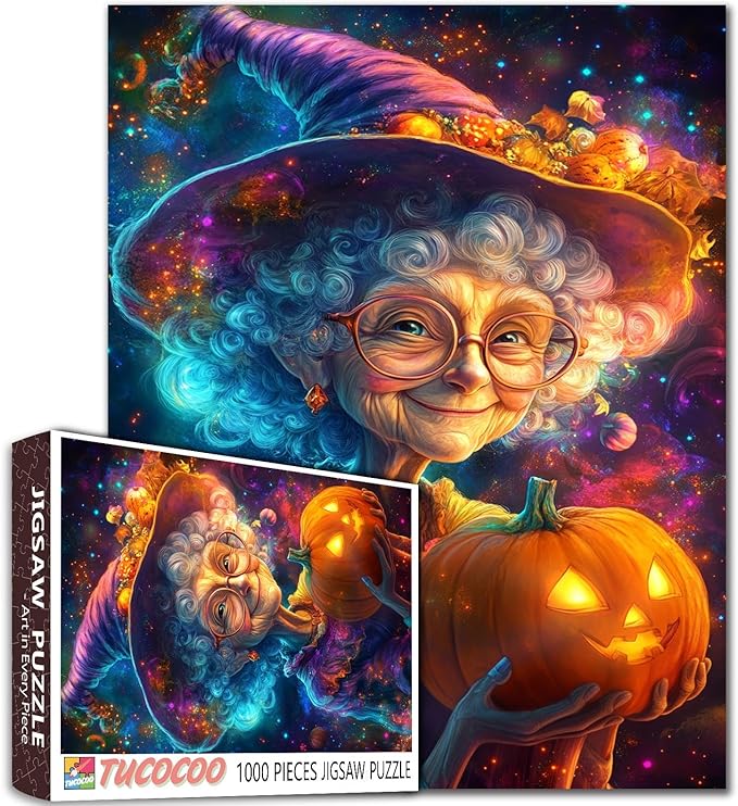 Grandma Witch Holding Pumpkin Lantern in Cosmic 1000 Piece Jigsaw Puzzle for Adults Students 20×27 Inches Halloween Magic Puzzle with Stars and Galaxy Background Unique Fantasy Gift for Home Decor