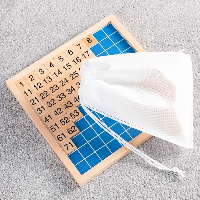 Wooden Montessori Hundred Board, Counting Toy for Kindergarten - Toddler Math Game Board with Storage Bag