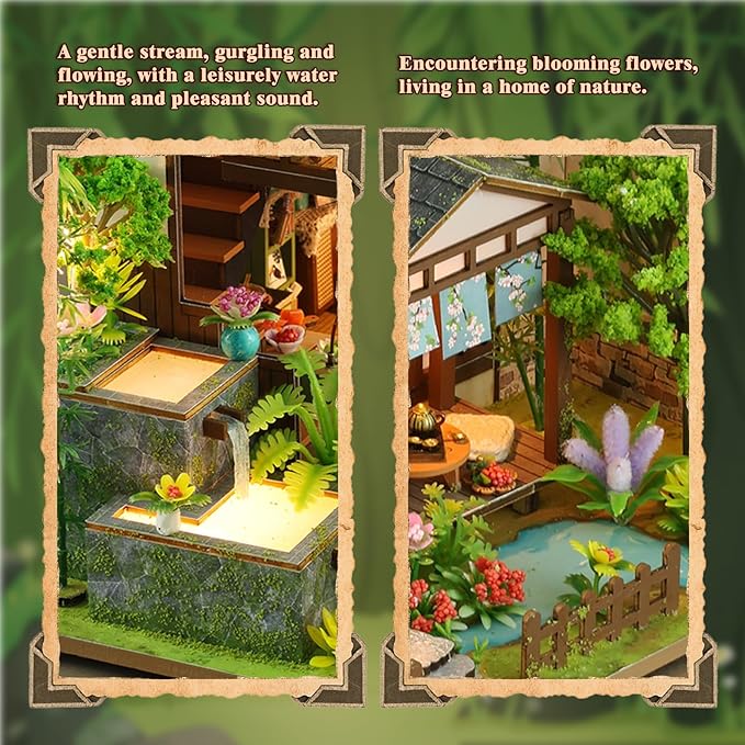 Miniature House Kit, Book Nook, 3D Wooden Puzzle, DIY Miniature Kit, Dollhouse Kit, Mini House Building Kit, Doll House Kits for Adults Teen to Build (Spring Courtyard)