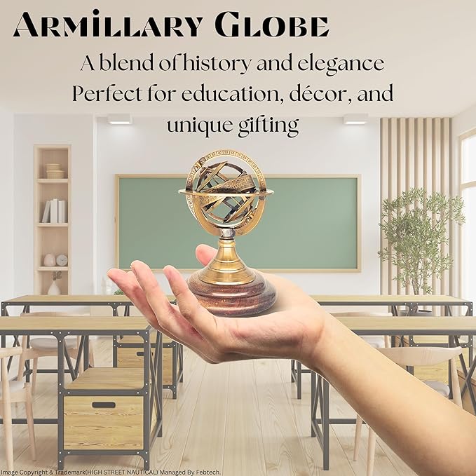 Antique Style Nautical Brass Armillary Sphere World Globe Astrolabe Mounted on Wooden Base - Perfect Decor Accent for Office