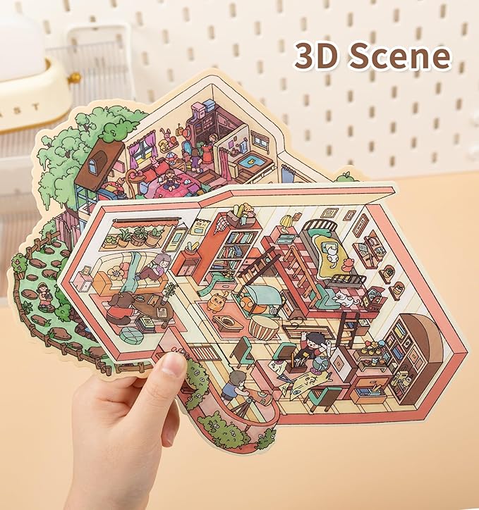 DIY 3D House Stickers, 4 Sets Fun DIY Stickers Scene Make Your Own Mini House Cute Cartoon Animal Scene Stickers for Kids Adult Sticker Art Relief Stress Pass The Time- Large Size