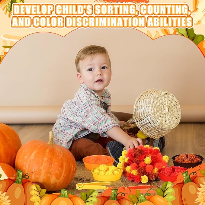 Leitee 71 Pcs Sensory Bin Filler Include 60 Hedge Balls 4 Tweezers 2 Scissors Clips 5 Cups Fine Motor Skills Toys Set for Boys Girls Early Education and Counting Sorting Training(Orange,Autumn)