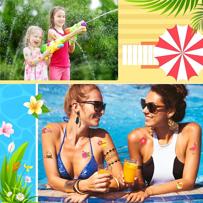 Landhoow 240 Pcs Summer Hawaiian Tattoos Temporary Glitter Face Tattoos Cool Body Sticker Costume Accessory Tattoos Party Favor