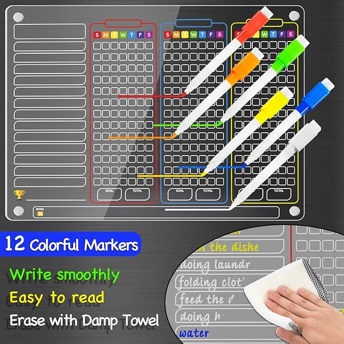 PigPotParty Acrylic Magnetic Chore Chart for Multiple Kids, 3-Kid Family, 16"x12" Large Dry Erase Chore Board, Responsibility Chart for Teens & Adults, with 12 Markers & Towel