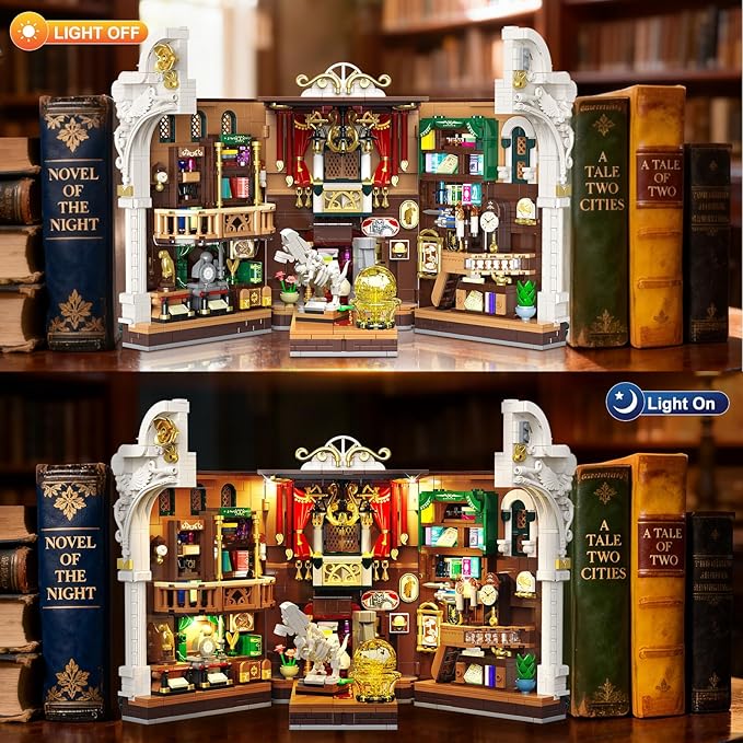 Dinosaur Museum Book Nook Building Set with Lights, DIY Booknook Building Block Toy for Bookshelf Home Decor, 1500 PCS Miniature House Model Building Brick Kit for Adults Teens Boys Girls 12+