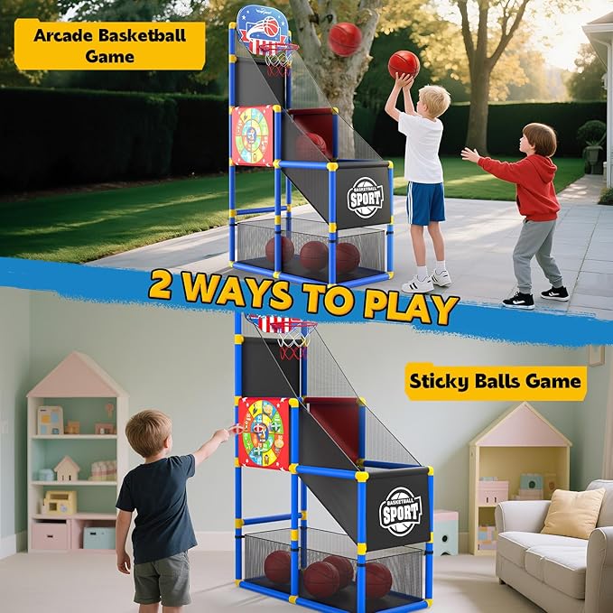 EagleStone 2-in-1 Kids Arcade Basketball Hoop with Dart Board,4 Balls Adjustable Height Basketball Toy Indoor Outdoor Carnival Games Gift for Boys Girls Toddlers Ages 3-12 Years Old,Pump Included
