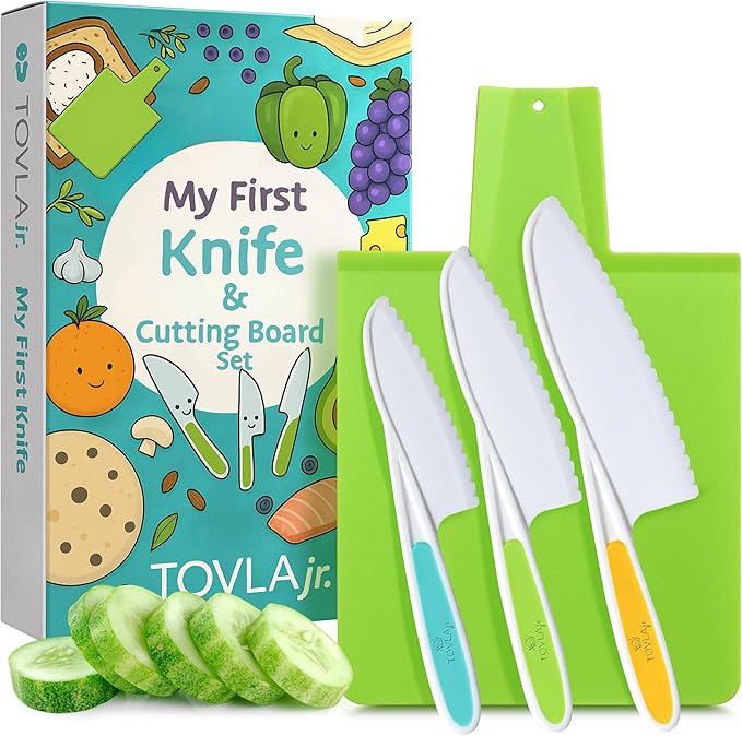 TOVLA JR. Toddler Montessori Kitchen Knife and Cutting Board Set – Safe, Kid-Sized Tools for Real Cooking – Ages 3+ Life Skills and Hands-On Prep