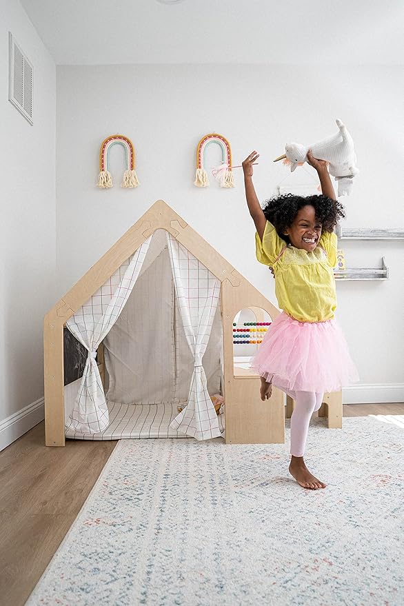 Avenlur Flair - 5 in 1 Indoor Playhouse with Desk Table, Chair, Chalkboard, Floor Cushion and Curtain Shades - Montessori and Waldorf Style for Ages 1 to 8 Years Old - (Large, Colorful Windowpane)