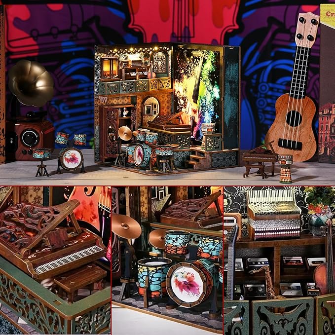 DIY Book Nook Kit, Miniature Bookshelf Decor with LED Lights, Laser-Cut Wooden Craft Set for Adults, Creative Gift for Christmas, Birthday, Music House