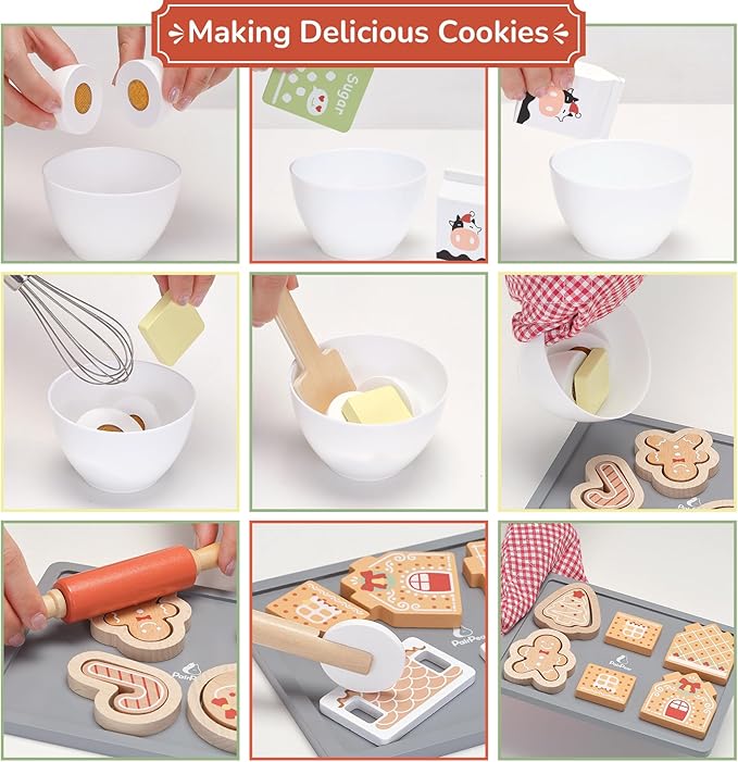PairPear Gingerbread House Baking Playset – 29 Piece Wooden Christmas Cookie Baking Kit, 3D Toy Cookie Play Food & Pretend Kitchen Accessories, Educational Play Baking Toys Gift for Kids 3+