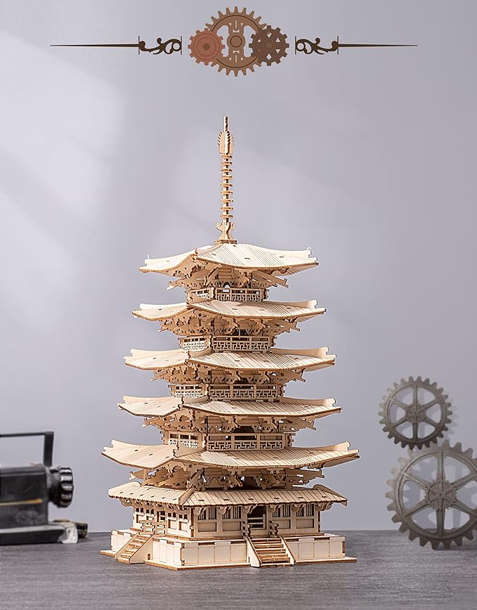 ROBOTIME 3D Puzzle Wooden Craft Kits for Adults DIY Model Building Kit Best Gift for Kids (Five-Storied Pagoda)