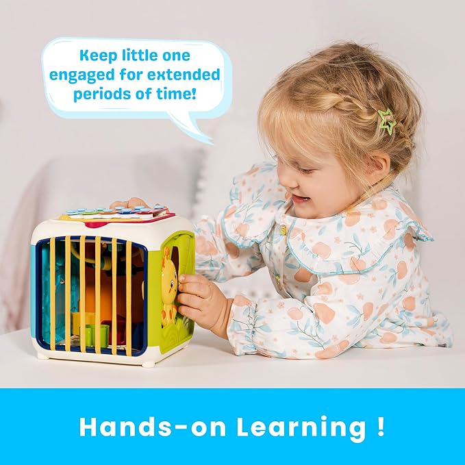 PlenPLAY 7-in-1 Activity Cube for Toddlers 1-3 - Educational Toy with Shape Sorter, Abacus, Xylophone, Peekaboo, Slides, and Gears - Sensory Toys for Toddlers 1-3