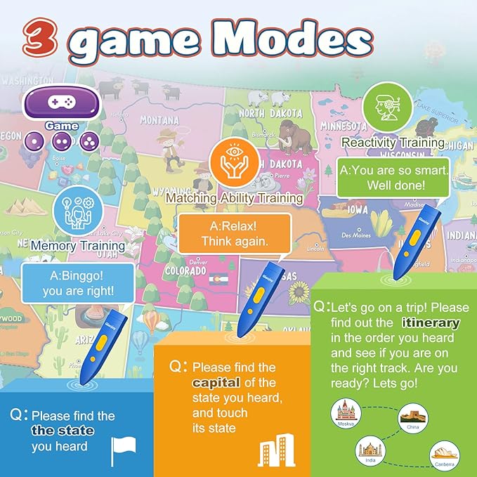 V2 Interactive Kids Map Bilingual United States Map for Kids Learning, Educational Talking USA Map Poster Geography Games Personalized Kids Toys for Boys & Girls Ages 3-12