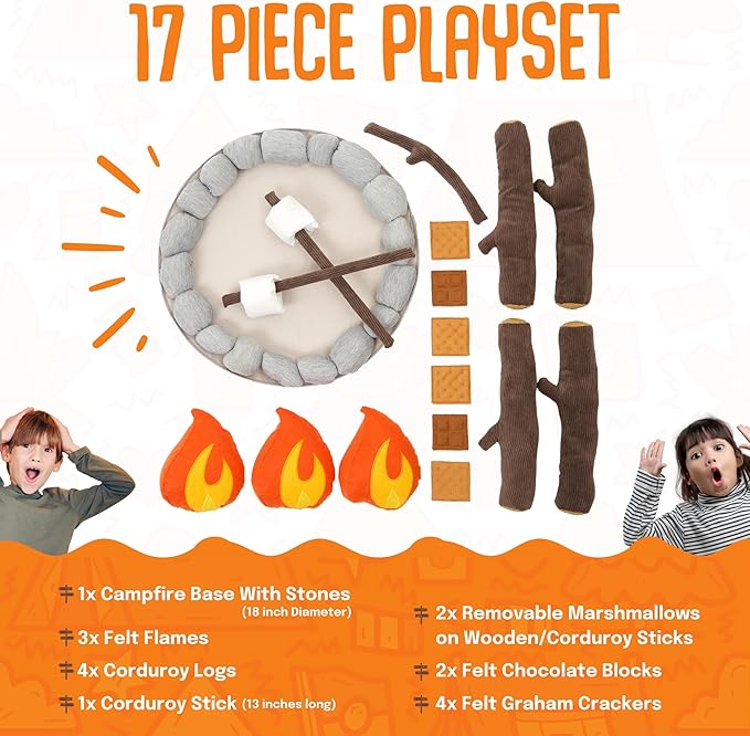 Pretend Campfire - Sensory Play Pretend Camping Set for Kids with Plush Fire, Logs and Stones - 17 Pieces - Safe, Soft, Fake Fire Pit - Felt Toy Campfire Playset for Kids