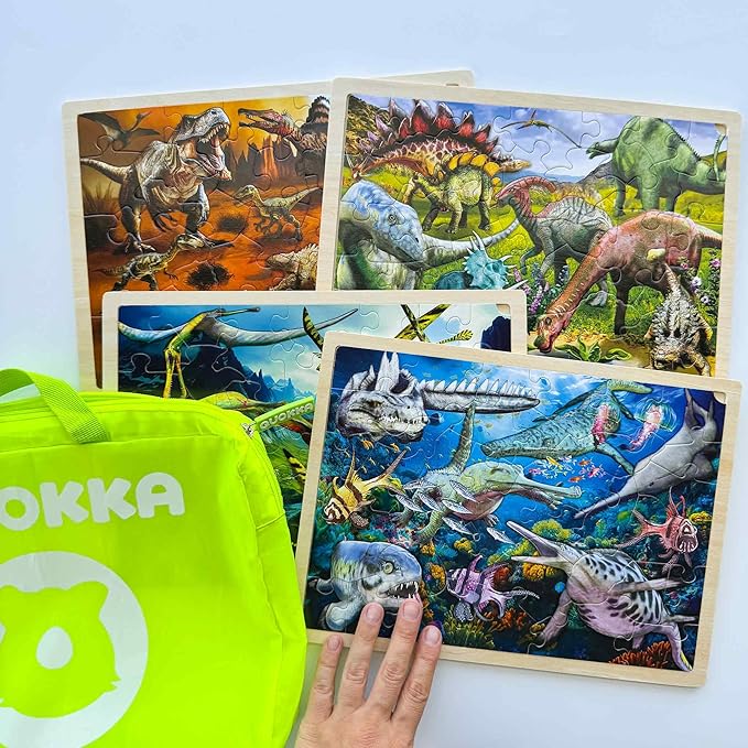 QUOKKA 4SET Puzzles for Kids Ages 4-6 - 36 Pcs Wooden Toddler Realistic Montessori Puzzles Ages 3-5 - Land, Sea, Desert, and Sky Dinosaurs Learning Games for Boys and Girls 4-8 Year Olds