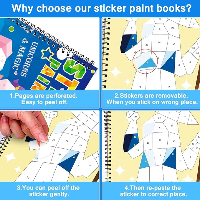 TBEEJ 2PCS Crafts for Kids Ages 4-8 Sticker Paint Books Includes Unicorn Queen Insect Witch Monster and More Designs Gift Party Create 20 Pictures（Sticker Sheets are Separate）