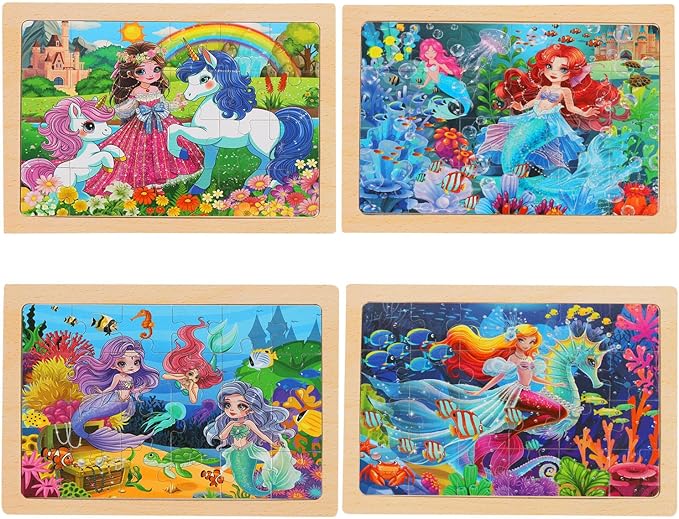 Wooden Puzzles for Kids Ages 4-6, 24 Piece Unicorn Mermaid Princess Jigsaw Puzzles 4 Packs, Preschool Toddlers Learning Activity Puzzles Toys for Girls 3 4 5 6 Years Old