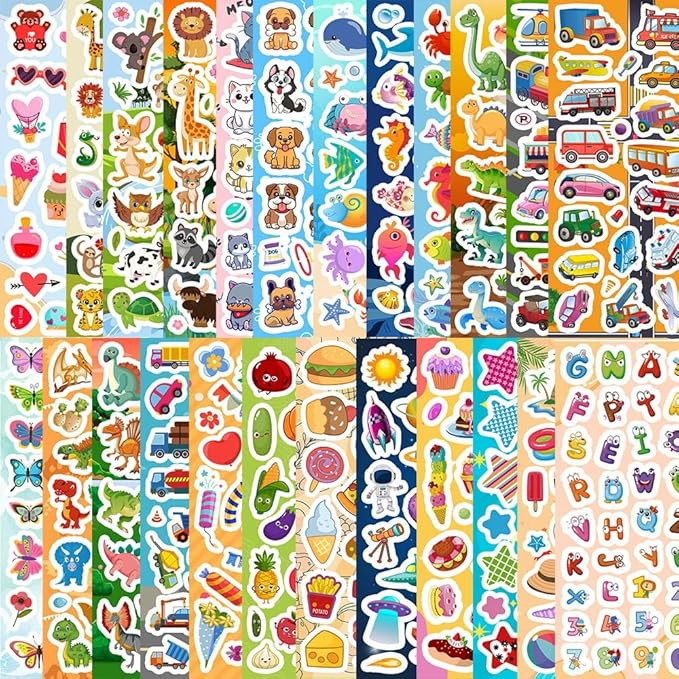 48 Sheets Stickers for Kids, Cute Kids Stickers Variety Pack for Scrapbooking, Teachers Classroom Prizes, Goodie Bag Stuffers Including Animals, Cars, Dinosaurs, Fishes, Hearts, Stars and More