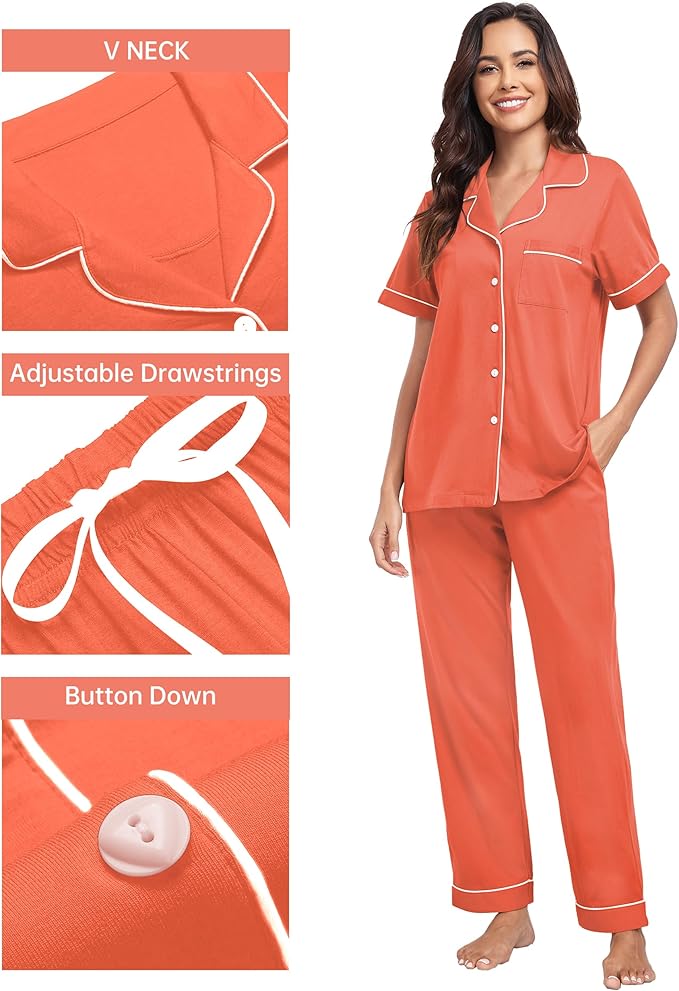 CF Womens 100% Cotton Pajamas Set Button Down Pjs Sets Short Sleeve Top & Long Pants Sleepwear Comfy Loungewear with Pockets