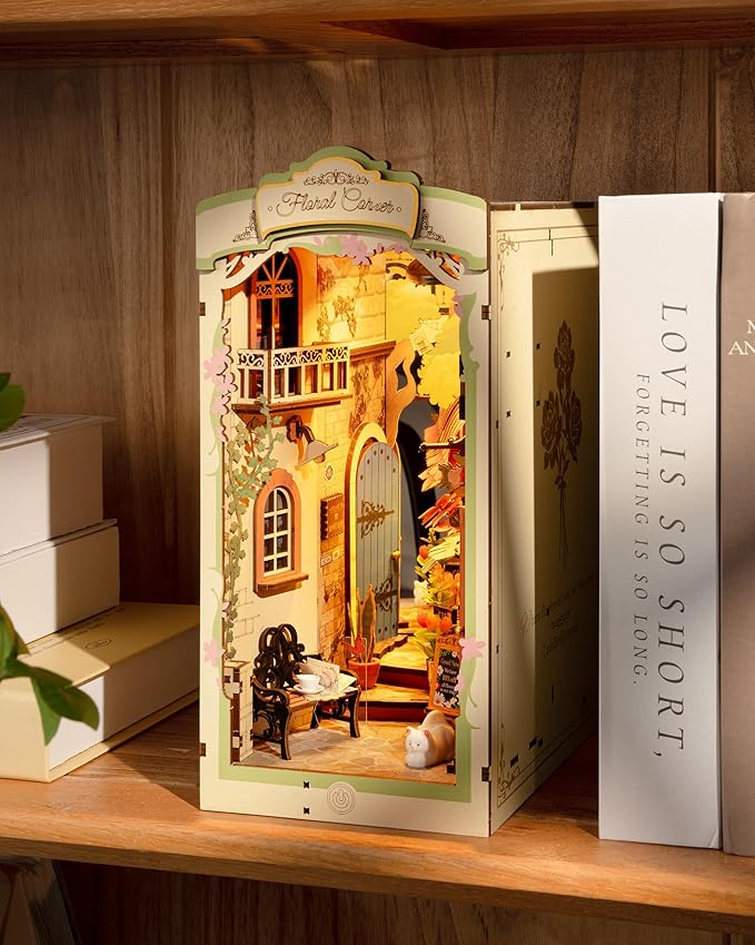 ROBOTIME DIY Book Nook Kits, Miniature House Kit, 3D Wooden Puzzle with LED, Dollhouse Booknook Kit, Creative Bookends Bookshelf Diorama Insert for Teens and Adults (Floral Corner)