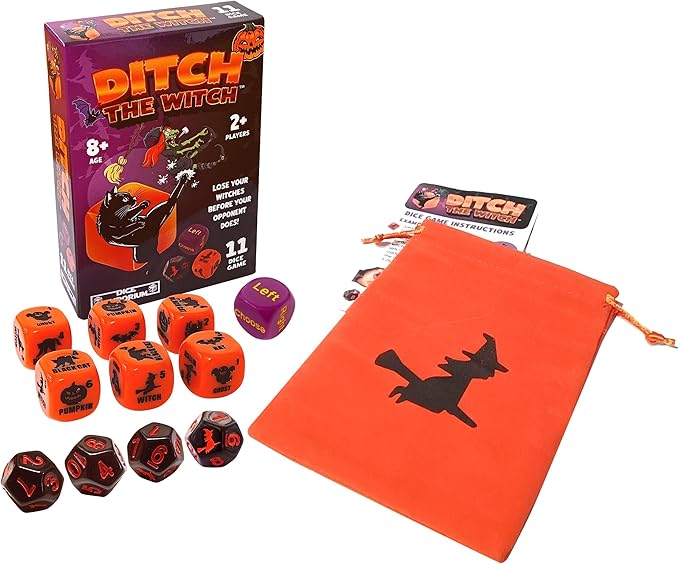 Ditch the Witch Dice Game for Ages 8+ – Fast-Paced Family Games with Custom 6 Sided Dice, Witch Counter, and Directional Play – Halloween Fun for 2-4 Players, Perfect for Gifting or Family Game Night