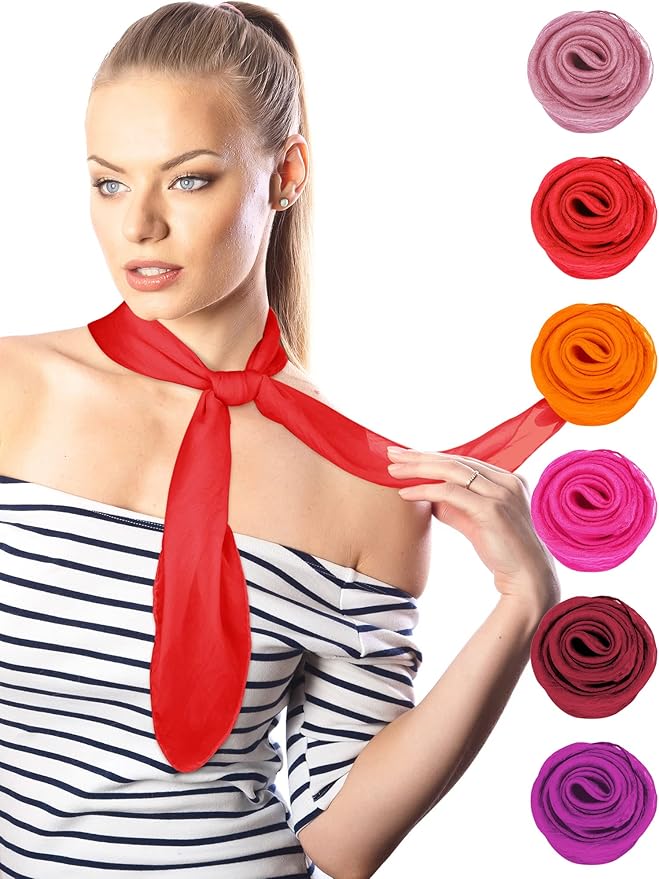 Boao 6 Pieces Chiffon Scarf 1950s Square Neck Head Scarfs Vintage Soft Polyester for Women Lady