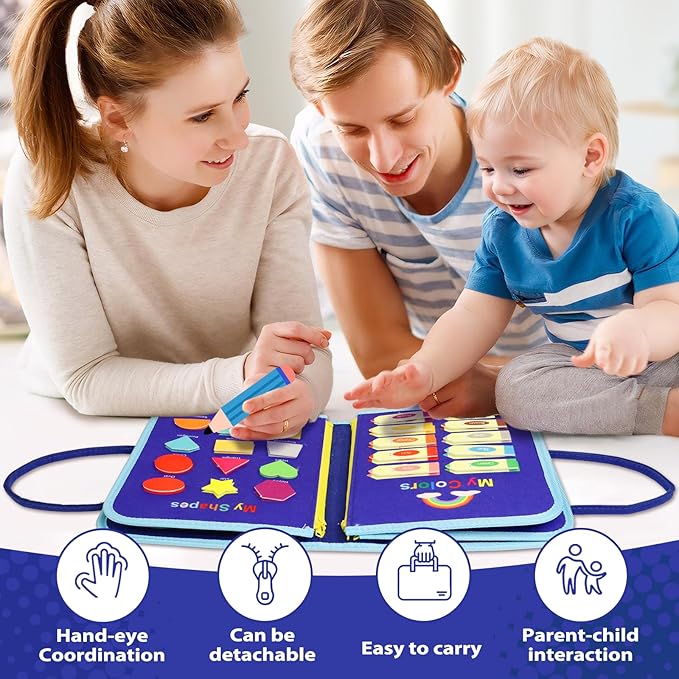 MAJAVI Busy Book for Toddlers 1-3, Montessori Toys Busy Board for 1 2 3 4 Year Old Boy Girl Birthday Gift - 5 in 1 Quiet Activity Book with Life Skills, Cognition, Sorting, Matching, Blue