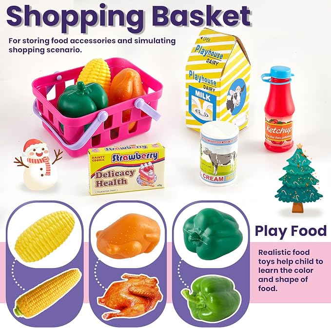 BUYGER Kids Cash Register Toy with Scanner, Receipt Printer, Microphone, Shopping Play Food - Pretend Role Play Birthday for Toddler Kids Boys Girls Ages 3 4-8+ Years Olds